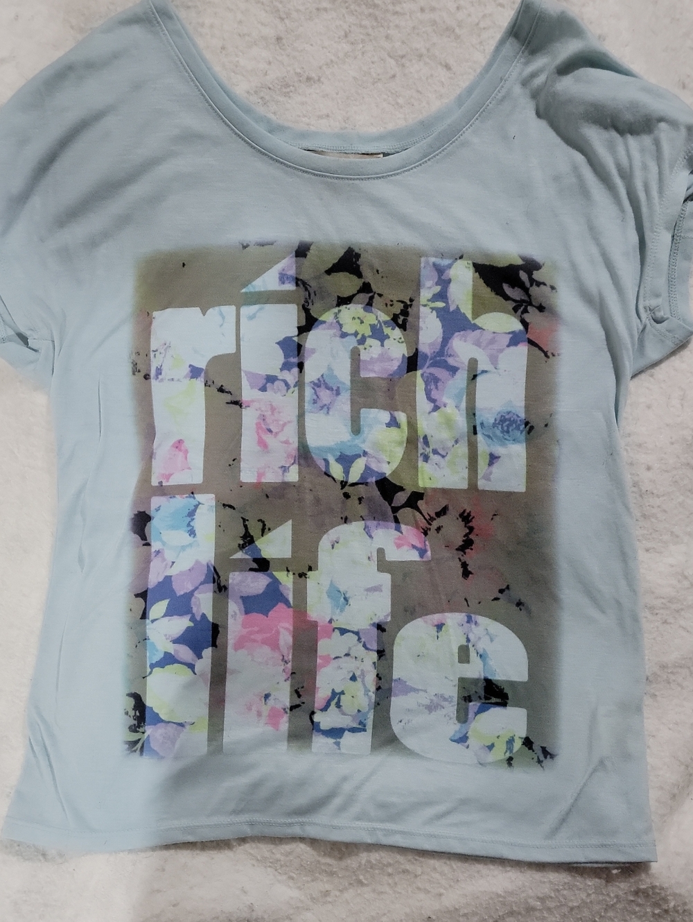 Decree Light Blue Short-Sleeve Tee with Floral 'Rich Life' Graphic